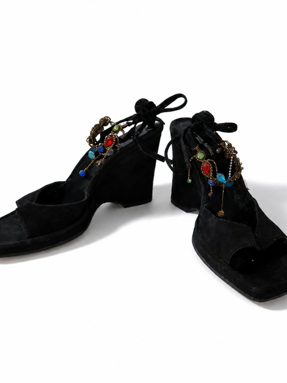 Vintage Stephane Kelian Paris Suede platform sandals w/Jeweled wrap-tie straps